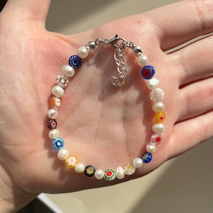 Fresh water Pearl multicoloured millefiori beaded bracelet delicate gold handmade bracelet cultured Pearl handmade dainty jewellery 2022