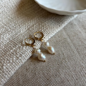 Mixed size stacked freshwater Pearl gold or silver huggie hoop earrings lever back handmade Pearl drop dainty jewellery