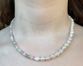 Fresh water Pearl necklace half and half Pearl necklace pastel colours choker handmade necklace freshwater Pearl jewellery dainty