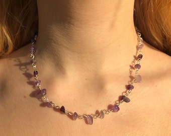 Amethyst necklace natural gemstone chip rosary chain satellite chain purple healing crystal chip handmade beaded necklace choker