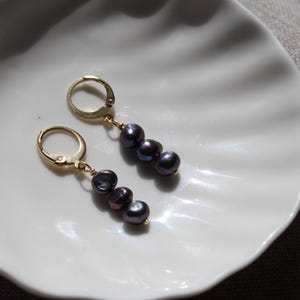 May include: Gold-coloured leverback earrings, each with three dark purple pearls. The earrings are presented on a white, shell-shaped dish, against a neutral background. The pearls have a dark, iridescent sheen.