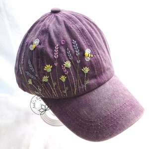 Hand Embroidery Lavender And Bee Hat, Purple Baseball Cap, Embroidered Flower Denim Cap, Vintage Hat For Woman
