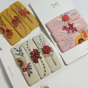 Set Of 3 Hand Embroidered Floral  Hair Clips, Hair Snap Clips, Handmade Hairclips For Woman, Linen Hair Clips