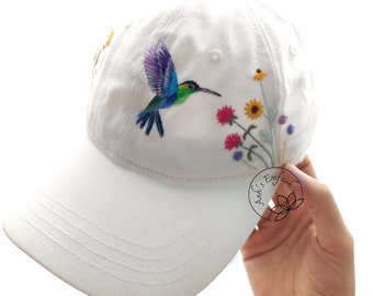 Hand Embroidered Wild Flower and Hummingbird Khaki Cap, Floral Khaki Hat, Embroidered Flower Cap, Vintage Hat For Woman