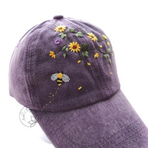 Hand Embroidery Daisy And Bee Hat, Purple Denim Cap, Floral Hat, Embroidered Flower Cap, Vintage Hat For Woman Ready for shipping