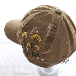 Ready for shipping Hand Embroidery Wild Flower and Bee Baseball Cap, Khaki Color Denim Hat, Vintage  Embroidered Floral Hat For Woman