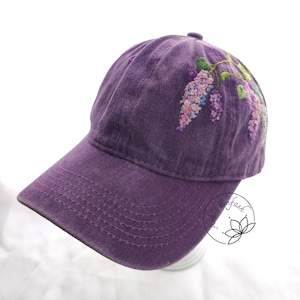 Hand Embroidery Lilac Hat, Dark Purple Color Baseball Cap, Embroidered Flower Hat, Vintage Hat For Woman