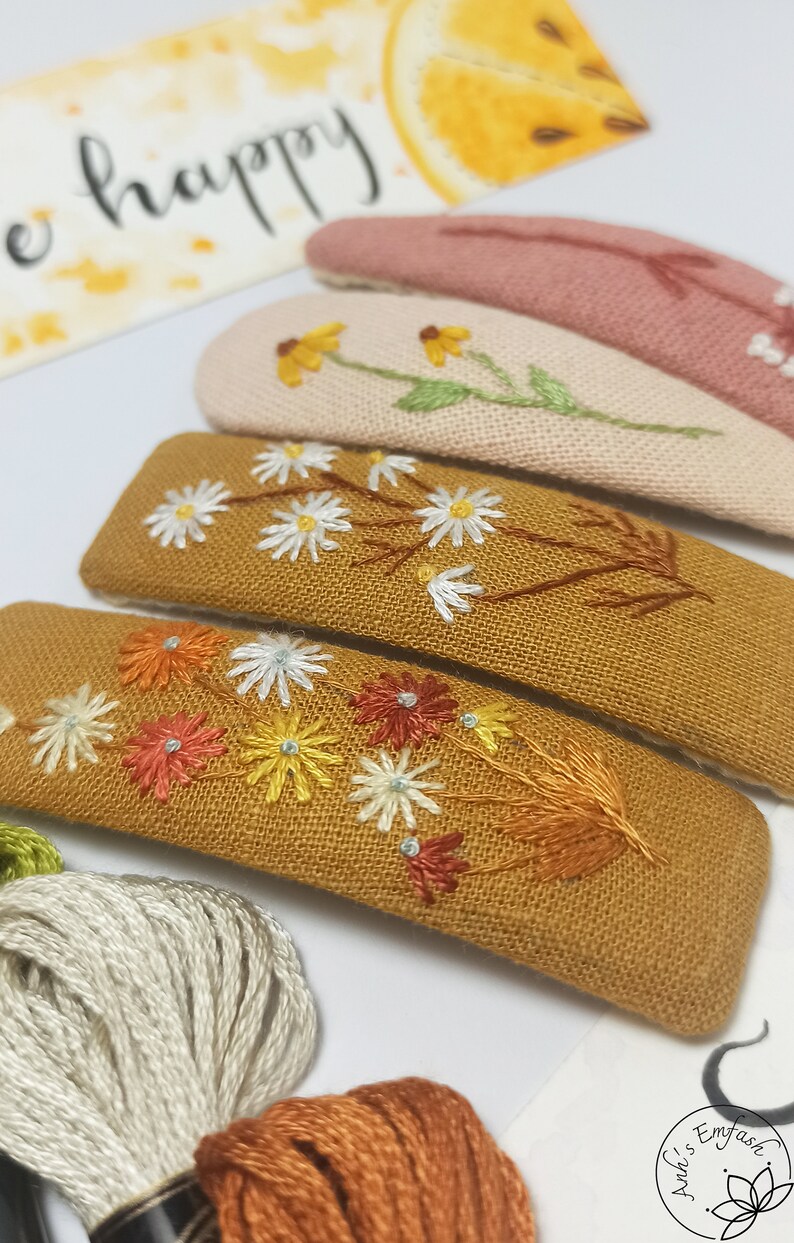 Set 4 Hand Embroidery Hair Clip, Floral Hair Clip Set, Embroidered Snap ...