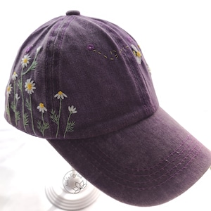 Hand Embroidery Daisy And Bee Hat, Purple Denim Cap, Floral Hat, Embroidered Baseball Cap, Vintage Hat For Woman