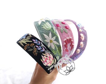 Voll gesticktes Samtstirnband, Stickerei-Blumenstirnband, Haarschmuck für Frau, handgemachtes Stirnband