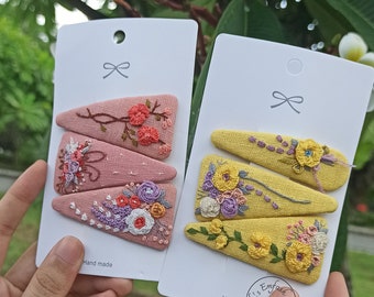 Hand Embroidered Hairclips, Hairclip Set, Embroidered Hair Snap Clips, Handmade Hairclips, Embroidered Floral Hairclip