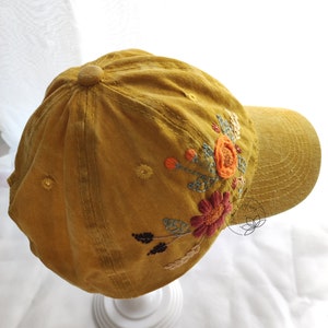 Hand Embroidery Floral Hat, Yellow Denim Baseball Cap, Embroidered Flower Cap, Vintage Hat For Woman