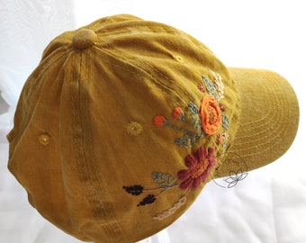 Hand Embroidery Floral Hat, Yellow Denim Baseball Cap, Embroidered Flower Cap, Vintage Hat For Woman