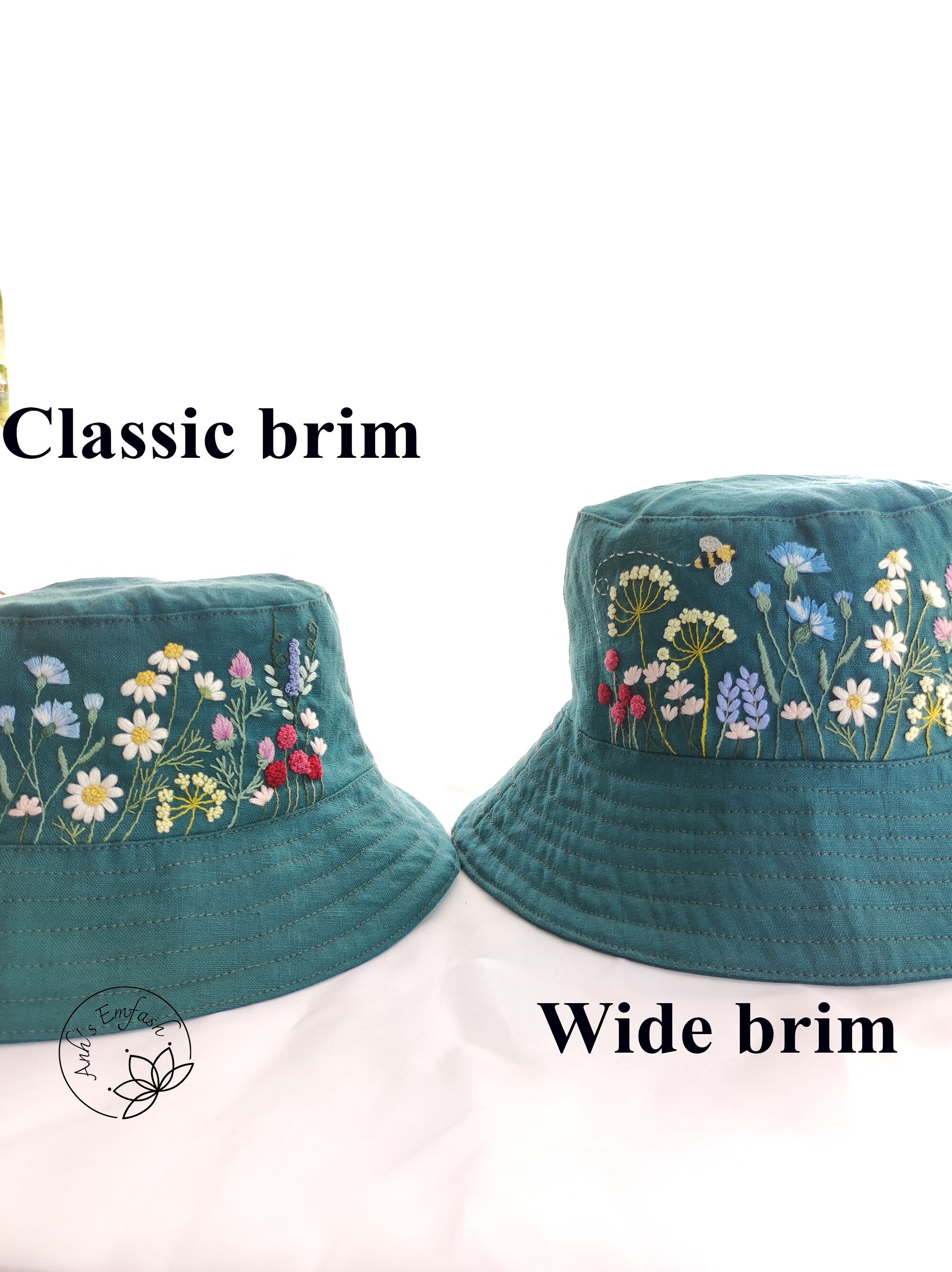 Hand Embroidery Bucket Hat, Linen Bucket Hat, Reversible