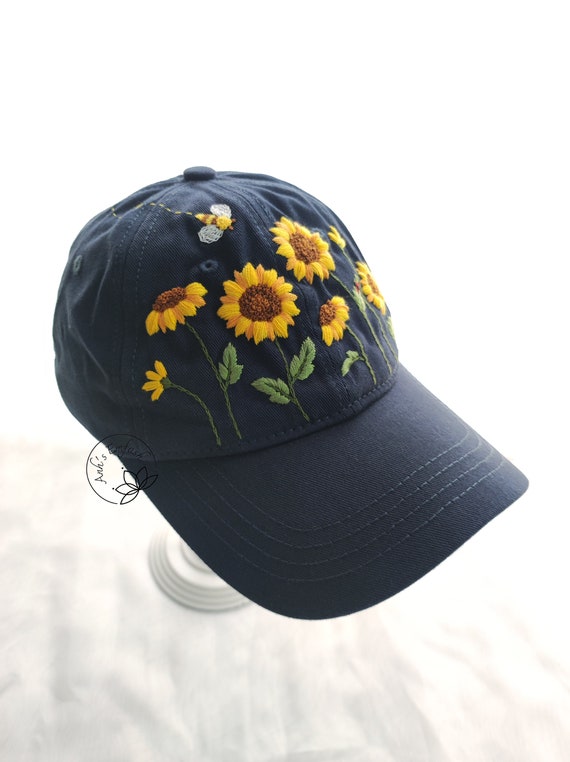 Embellished Navy Blue ladies  Cap with Sunflower and Bee Design Vintage Sunflower With Bee Hand Embroidered Baseball Hat for  main image 2