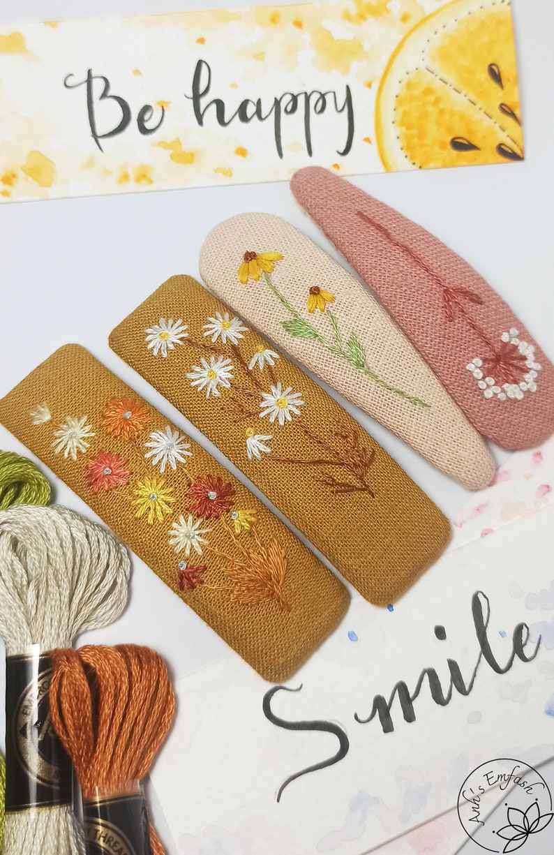 Set 4 Hand Embroidery Hair Clip, Floral Hair Clip Set, Embroidered Snap ...