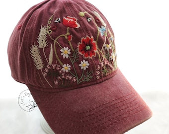 Hand Embroidery Poppies and Floral Baseball Cap, Red Color Denim Hat, Vintage  Embroidered Flowersl Hat For Woman