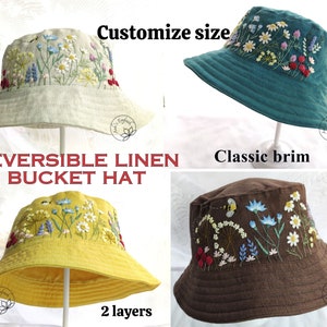 Hand Embroidery Bucket Hat, Linen Bucket Hat, Reversible Bucket Hat, Embroidered Floral Hat, Handmade Bucket Hat For Woman, Aesthetic Gift