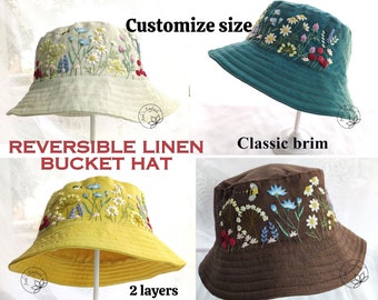 Hand Embroidery Bucket Hat, Linen Bucket Hat, Reversible Bucket Hat, Embroidered Floral Hat, Handmade Bucket Hat For Woman, Aesthetic Gift