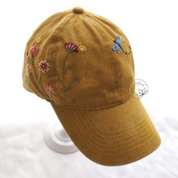 Hand Embroidery Cosmos Flower and Dragonfly Hat, Baseball Cap, Yellow Color Denim Hat, Embroidered Vintage Hat For Woman, Ready for shipping