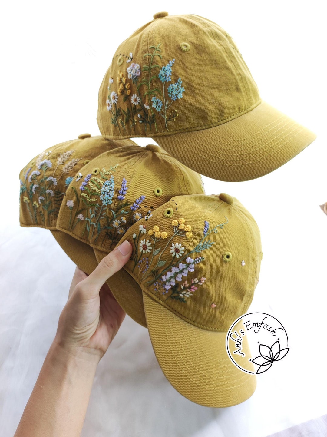 Hand Embroidery Daisy and Bee Hat, Floral Denim Cap, Baseball Cap ...