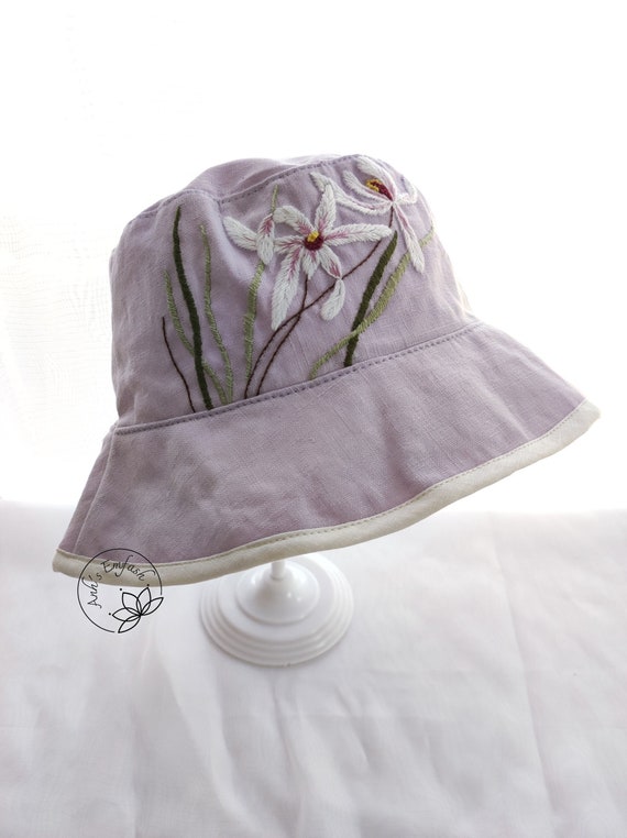 Hand Embroidery Orchid Bucket Hat, Linen Bucket Hat  display picture 3