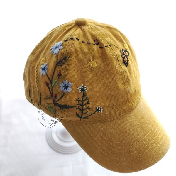 Hand Embroidery Wild Flower And Butterfly Hat, Yellow Baseball Cap, Embroidered Flower Cap, Vintage Hat For Woman Ready for shipping