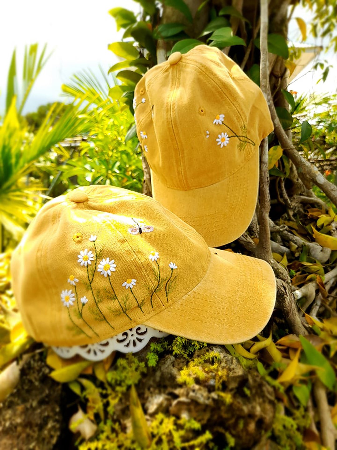 Hand Embroidery Daisy and Bee Hat, Floral Denim Cap, Baseball Cap ...
