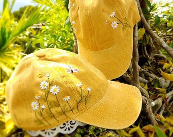 Hand Embroidery Daisy And Bee Hat, Floral Denim Cap, Baseball Cap, Embroidered Flower Cap, Vintage Hat For Woman