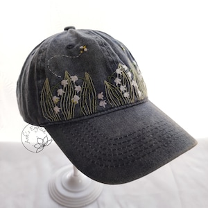 Hand Embroidery Lily Of The Valley And Bee Hat, Baseball Cap, Floral Hat, Embroidered Flower Cap, Vintage Hat For Woman