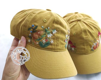 Hand Embroidered Animals in the  Forest Hat, Embroidery Yellow Cap, Baseball Cap, Embroidered Animals and Flowers Hat, Vintage Hat