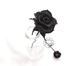 Crochet Flower Bookmark, Black Rose Bookmark, Black Peony Bookmark, Handmade Bookmark, Micro Crochet Floral Bookmark, Aesthetic Gift