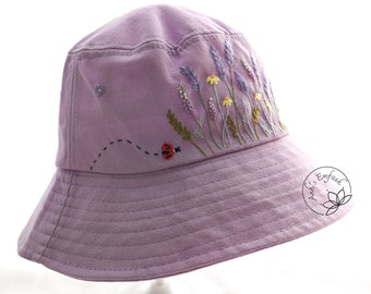 Hand Embroidery Lavender And Daisy Bucket Hat, Khaki  Bucket Hat, Embroidered Floral Hat, Vintage Gift For Woman, Adjustable from 56-58 cm