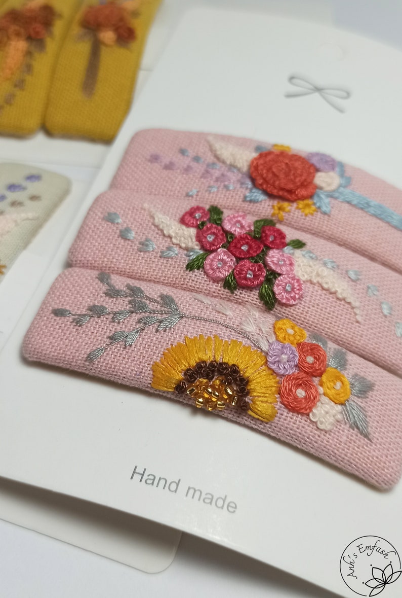 Embroidered Hair Clips (Set of 2) - Floral Stem & 60s Abstract Coral