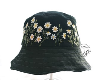 Hand Embroidery Daisies Bucket Hat, Reversible Bucket Hat, Adult Hat Size L, Recycled Jean in One Side-New Brocade in The Other Side