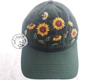 Hand Embroidery Sunflowers and Bee Hat, Black and Navy Khaki  display picture 1