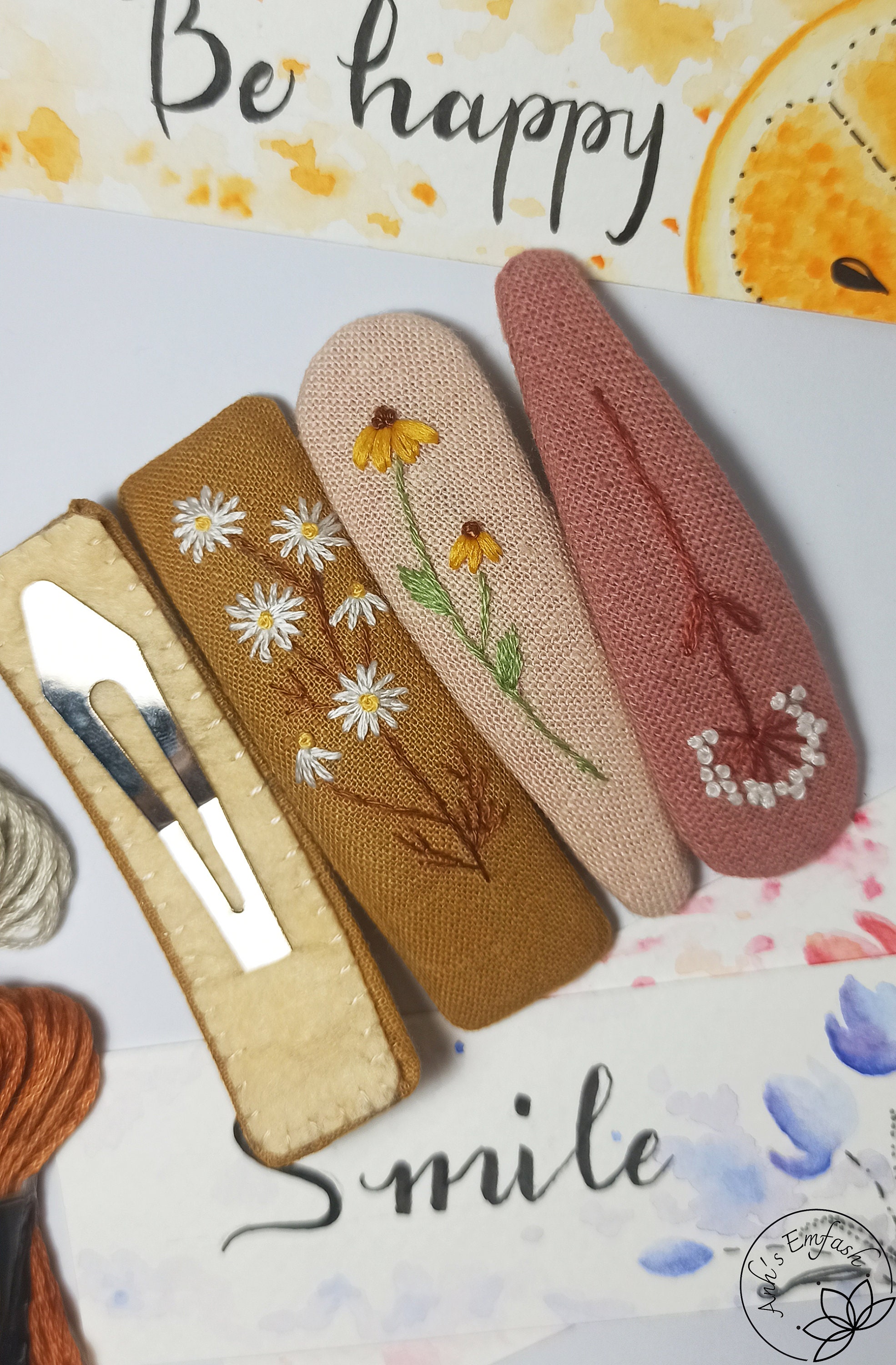 Set 4 Hand Embroidery Hair Clip, Floral Hair Clip Set, Embroidered Snap ...