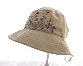 Hand Embroidery Wild Flower And Bee Bucket Hat, Khaki Bucket Hat, Embroidered Floral Hat, Vintage Gift For Woman, Adjustable from 56-58 cm