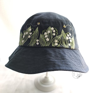 Hand Embroidery Lily Of The Valley  Bucket Hat, Khaki Bucket Hat, Embroidered Floral Hat, Vintage Gift For Woman, Adjustable from 56-58 cm