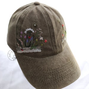 Hand Embroidery Strawberry And Wild Flower Hat, Green Gray Denim Cap, Embroidered Baseball Cap, Vintage Hat For Woman