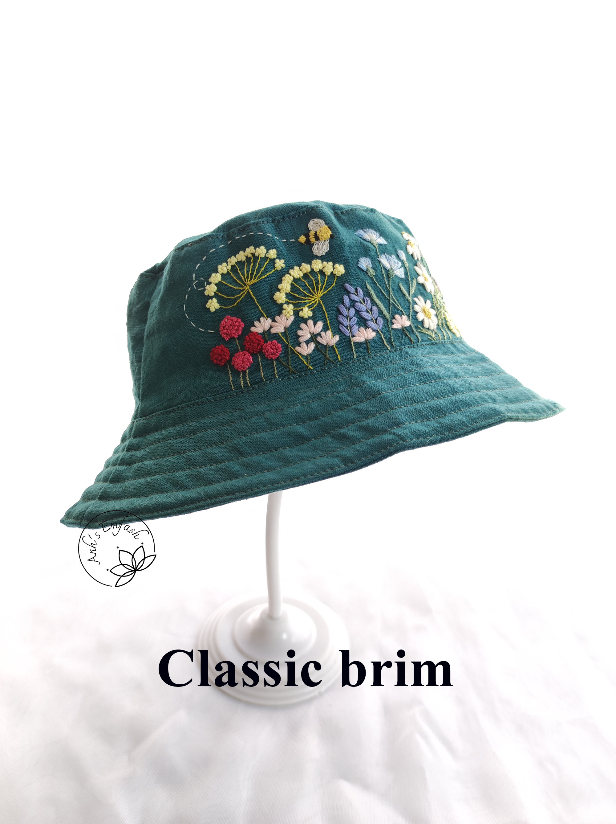 Hand Embroidery Bucket Hat Linen Bucket Hat Reversible Bucket
