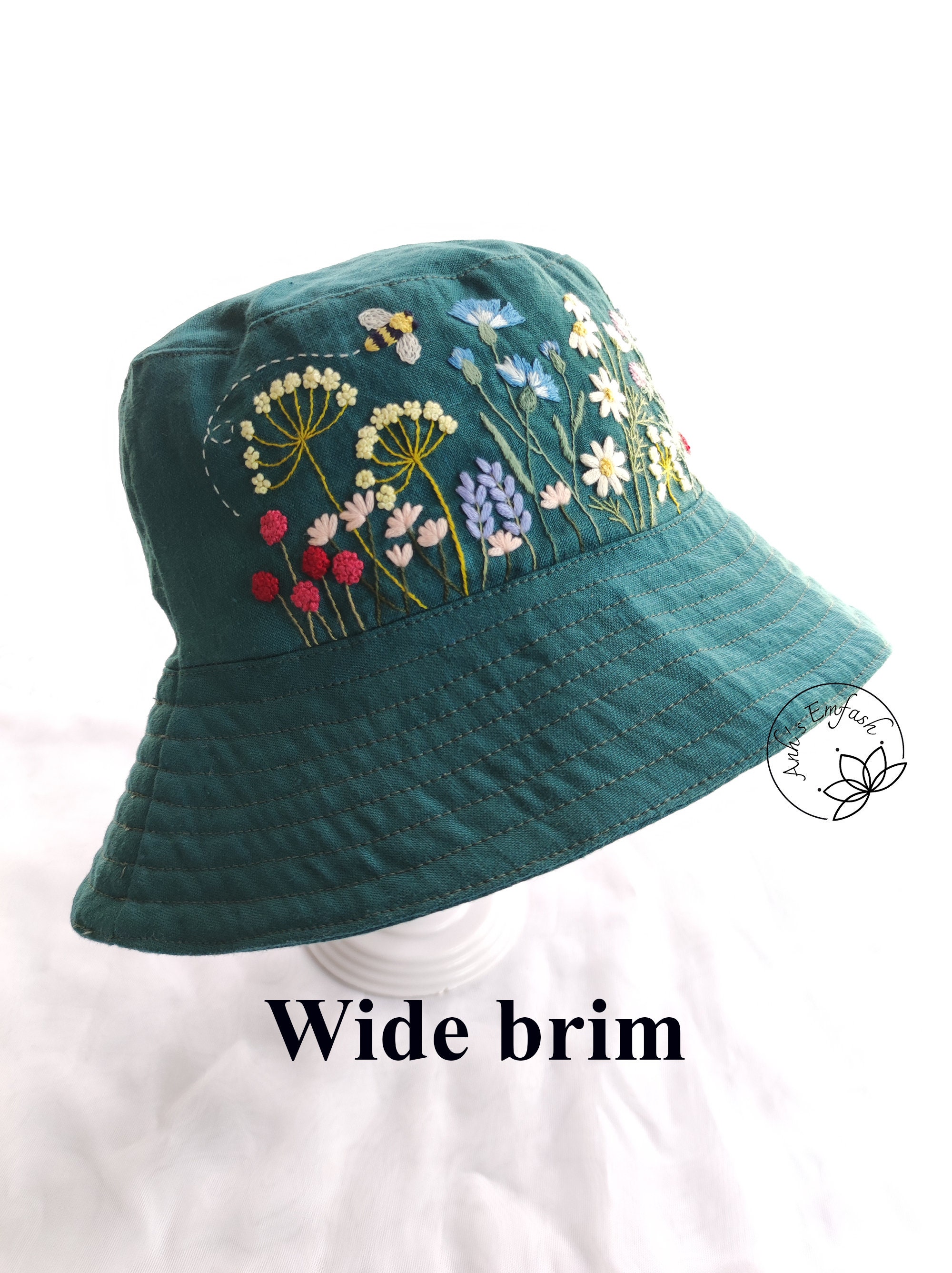 Hand Embroidery Bucket Hat, Linen Bucket Hat, Reversible