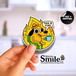 This Is Fine Meme Sticker – Cartoon Dog with Mug, Fire Chaos Sticker for Laptop