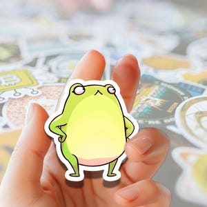 May include: A sticker featuring a cartoon frog with a light green body, yellow belly, and pink accents. The frog has its arms crossed and a slightly annoyed expression. The sticker is held in a hand, with other stickers visible in the background.