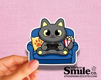 Gamer Cat Sticker: Lazy Kitty with Popcorn - Water-Resistant Vinyl Decal