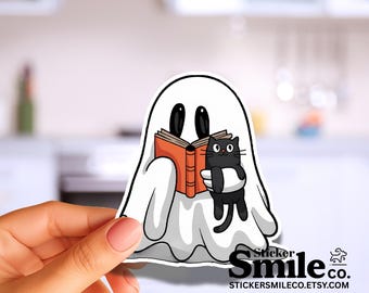 Reading Ghost Black Cat Sticker – Book Lover Gift, Spooky Bookish Laptop & Kindle Vinyl Decal