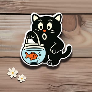 Cartoon Black Cat Sticker, Funny Cat Fishbowl Decal for Pet Lovers, Laptop, Water Bottle, Scrapbook Decor, Phone, tumblers, Cat git