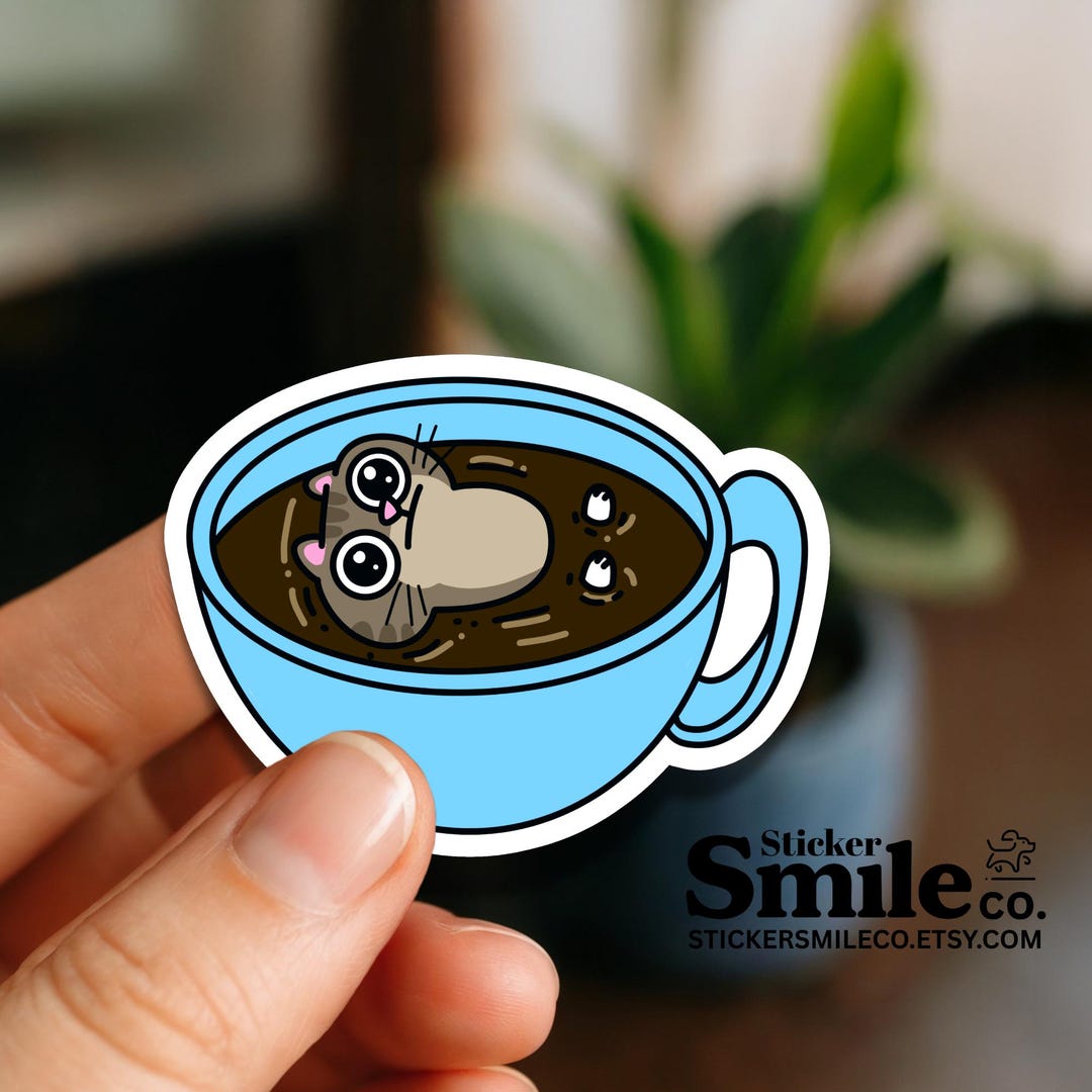 Funny Coffee Sticker – Cat Soaking in Blue Cup of Caffeine Decal - Etsy