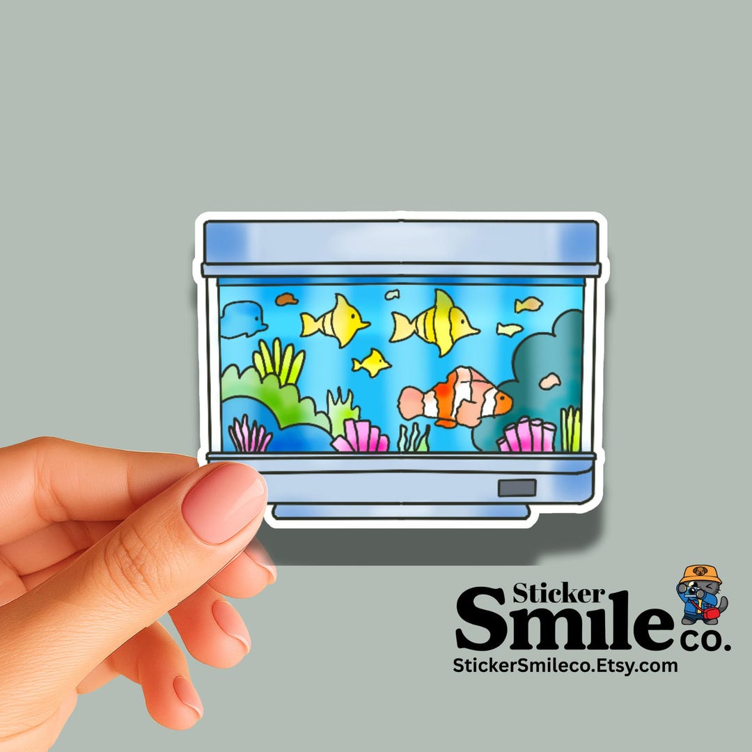 Retro Fish Sticker Retro Aquarium Sticker: Fish Tank With Coral, Bubbles, Ocean Animals ...