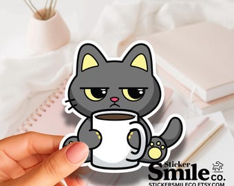 Funny Cat Sticker: Grumpy Sarcastic Kitty Drinking Coffee Waterproof Vinyl Decal
